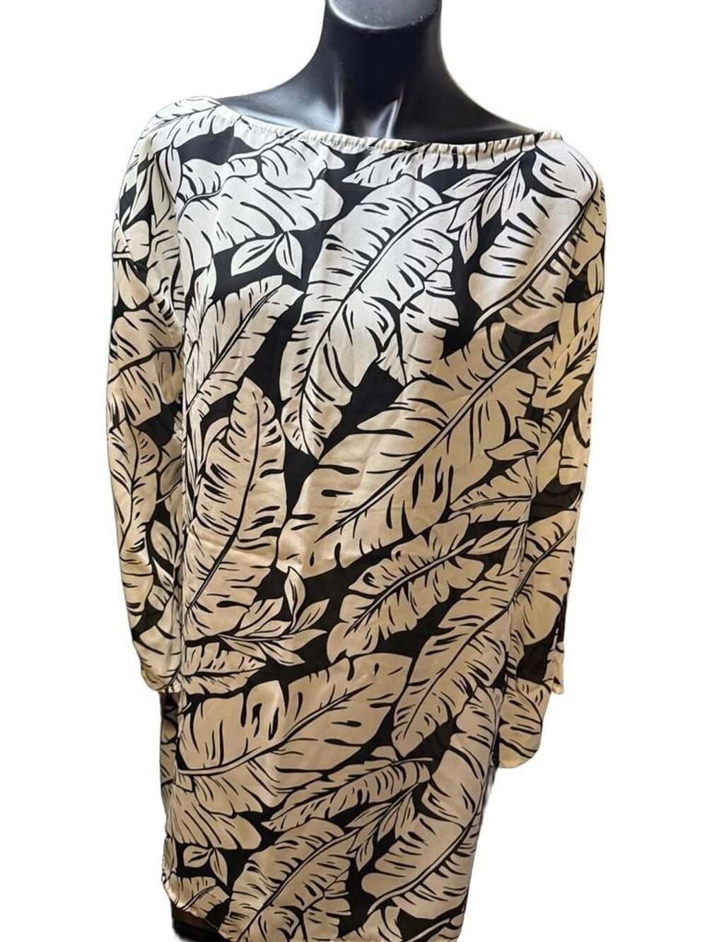 Islander Beach Cover Up Dress Size Large Black White Tropical Leaf Print